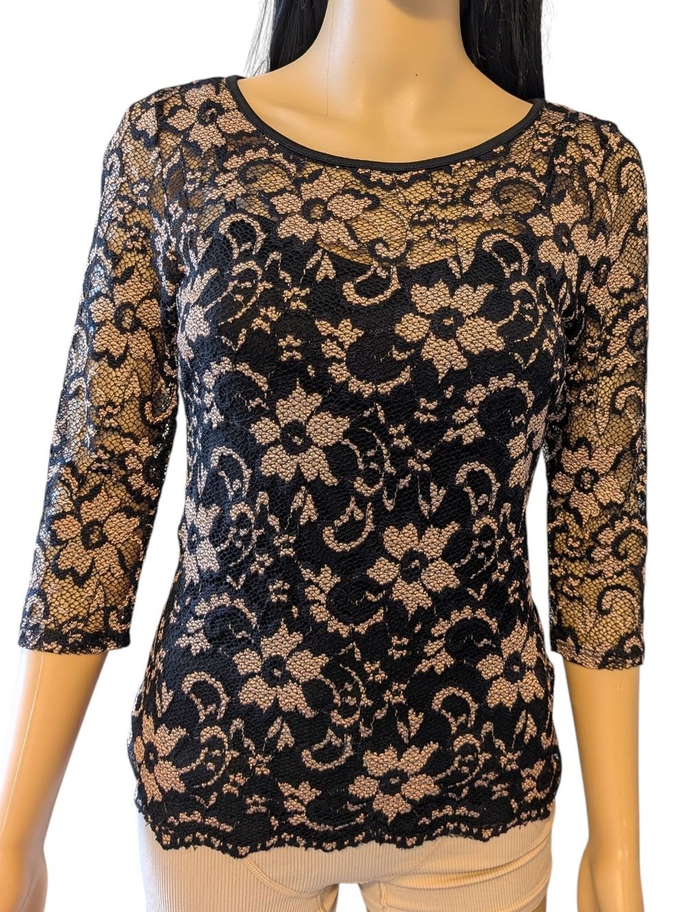 Black Floral Lace Top with Nude Underlay Women's Small